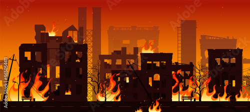 Burning city ruins in fire, destroyed town houses, war or natural disaster background. Vector illustration EPS10