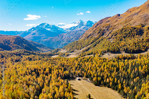 autumn aerial view of the Val di Campo near Poschiavo in Switzerland