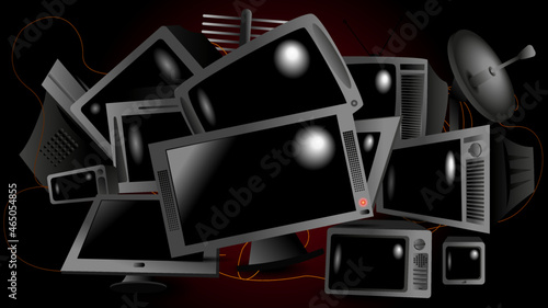 Set of many TVs of different diagonal. Vector illustration with many screens in a dark room. A bunch of appliances with place for text. TV poster. Media and propaganda symbol. Digital broadcasting.