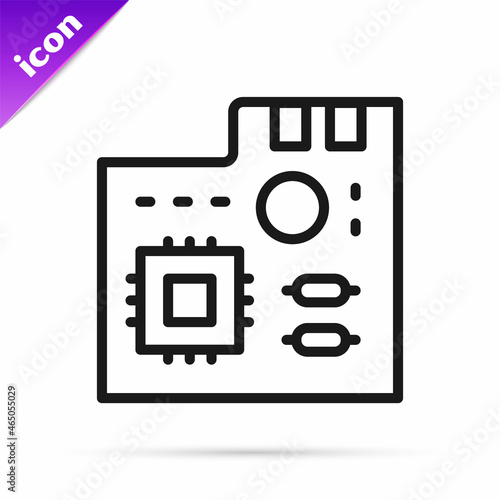 Black line Electronic computer components motherboard digital chip integrated science icon isolated on white background. Circuit board. Vector