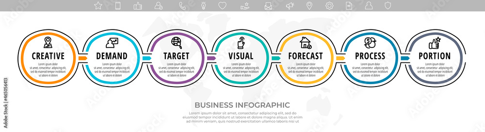 Hand drawn vector minimal line infographics with circles and icons. Business timeline 7 steps by step. Flat template with seven ways for chart, diagram, flowchart, app, graphic Hand drawn vector minimal line infographics with circles and icons. Business timeline 7 steps by step. Flat template with seven ways for chart, diagram, flowchart, app, graphic