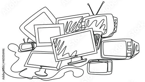 Dump of TV screens in one line. Large warehouse of forgotten broken TVs on a white background. Vector illustration of media and news. PR technologies, propaganda, film industry for the masses.