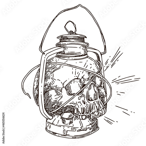 Halloween. Old lantern with human skull. Sketch. Engraving style. Vector illustration.