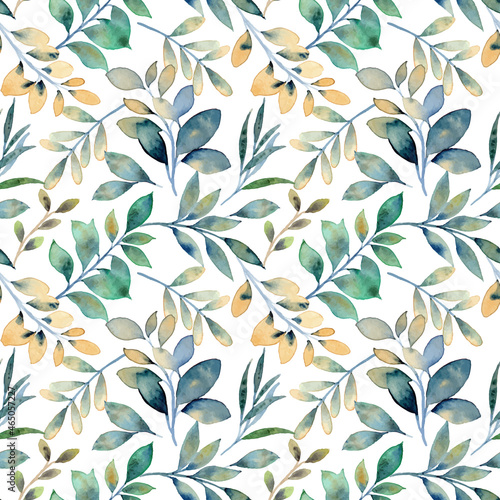 Yellow green leaves watercolor seamless pattern