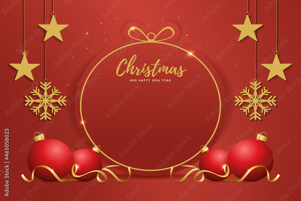 christmas and happy new year background with festive decoration. red stage. vector illustration