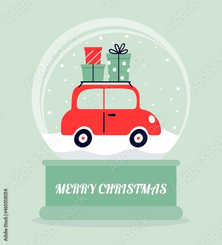 Merry Christmas. Snow globe with a car. Retro car with gifts on the roof. Flat vector illustration.