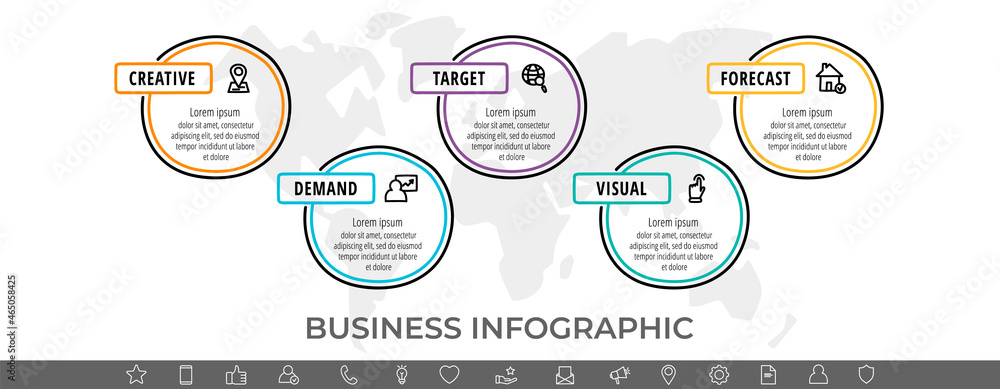 Naklejka premium Vector minimal line infographics with circles. Hand-drawn business timeline 5 steps by step. Flat template with five ways for chart, diagram, flowchart, app