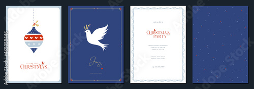 Merry and Bright Holiday cards. Modern creative universal artistic templates with Christmas Dove, birds, frames and backgrounds.