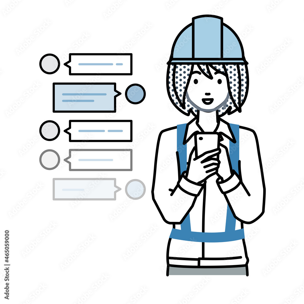 立ってスマートフォンで楽しくチャットで会話する工事現場の女性