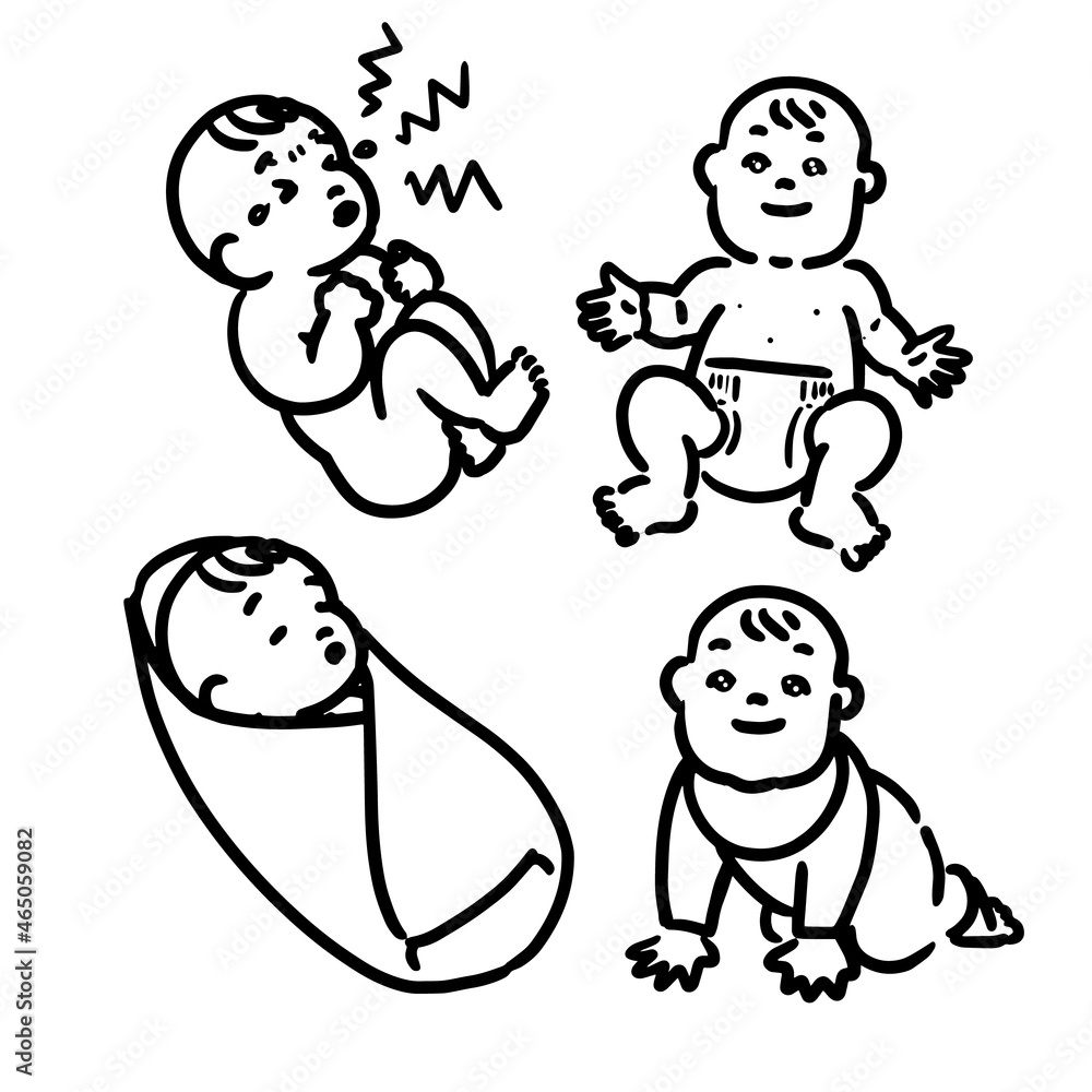 Monotone line drawing of facial expression variations from newborn babies of cute Asian babies to about 1 year oldあ Monotone line drawing of facial expression variations from newborn babies of cute Asian babies to about 1 year oldあ