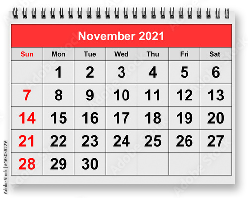 page of the annual monthly calendar - November 2021