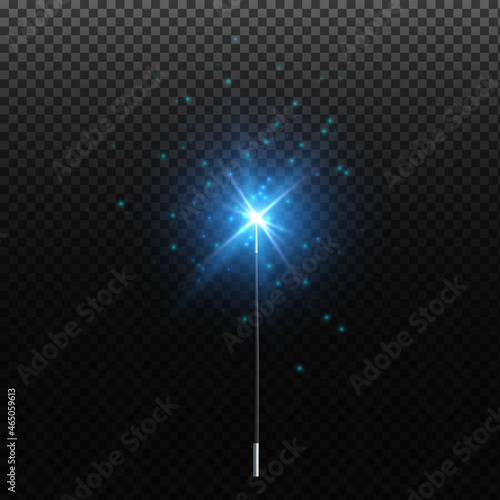 Magic wand with glowing sparkle trail, shiny star dust and light effect.