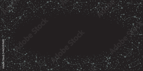 Vector zodiac constellations background with an oval copy space. Astrological celestial frame with horoscope star systems and place for text on a black backdrop
