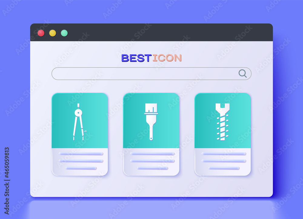 Set Paint brush, Drawing compass and Metallic screw icon. Vector Set Paint brush, Drawing compass and Metallic screw icon. Vector