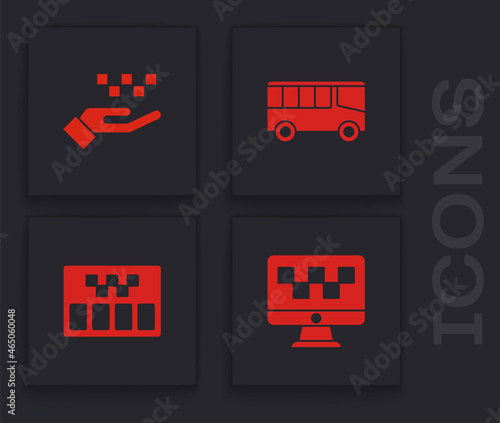 Set Computer call taxi service, Hand with, Bus and Taximeter icon. Vector