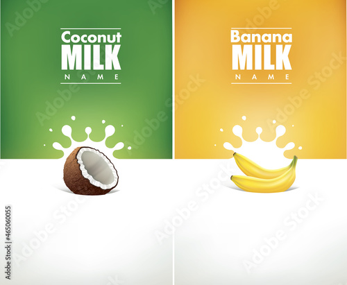 milk splash with coconut and banana fruit. Package design template
