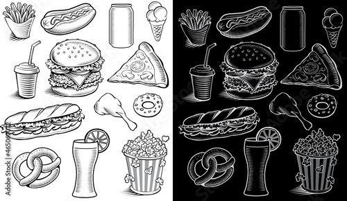 hand drawn fast food items-hamburger, fries, hotdog, coffee, cola, beer, juice, baguette, pizza, ice cream, popcorn, donut	