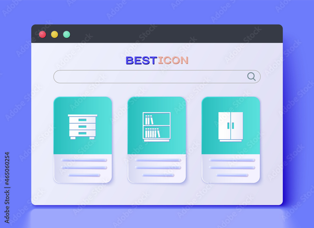 Set Library bookshelf, Furniture nightstand and Wardrobe icon. Vector Set Library bookshelf, Furniture nightstand and Wardrobe icon. Vector