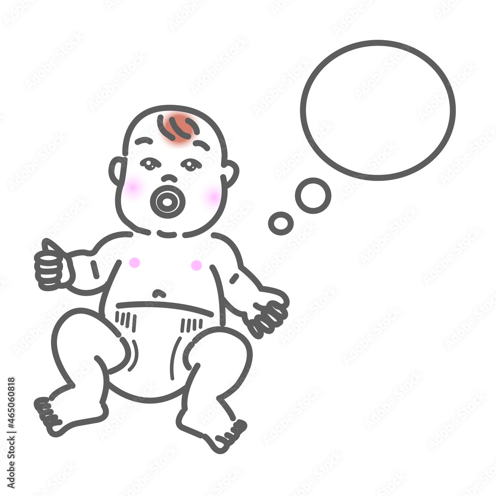 アジア人の可愛い赤ちゃんのおしゃぶりを咥える表情の白バックの線画