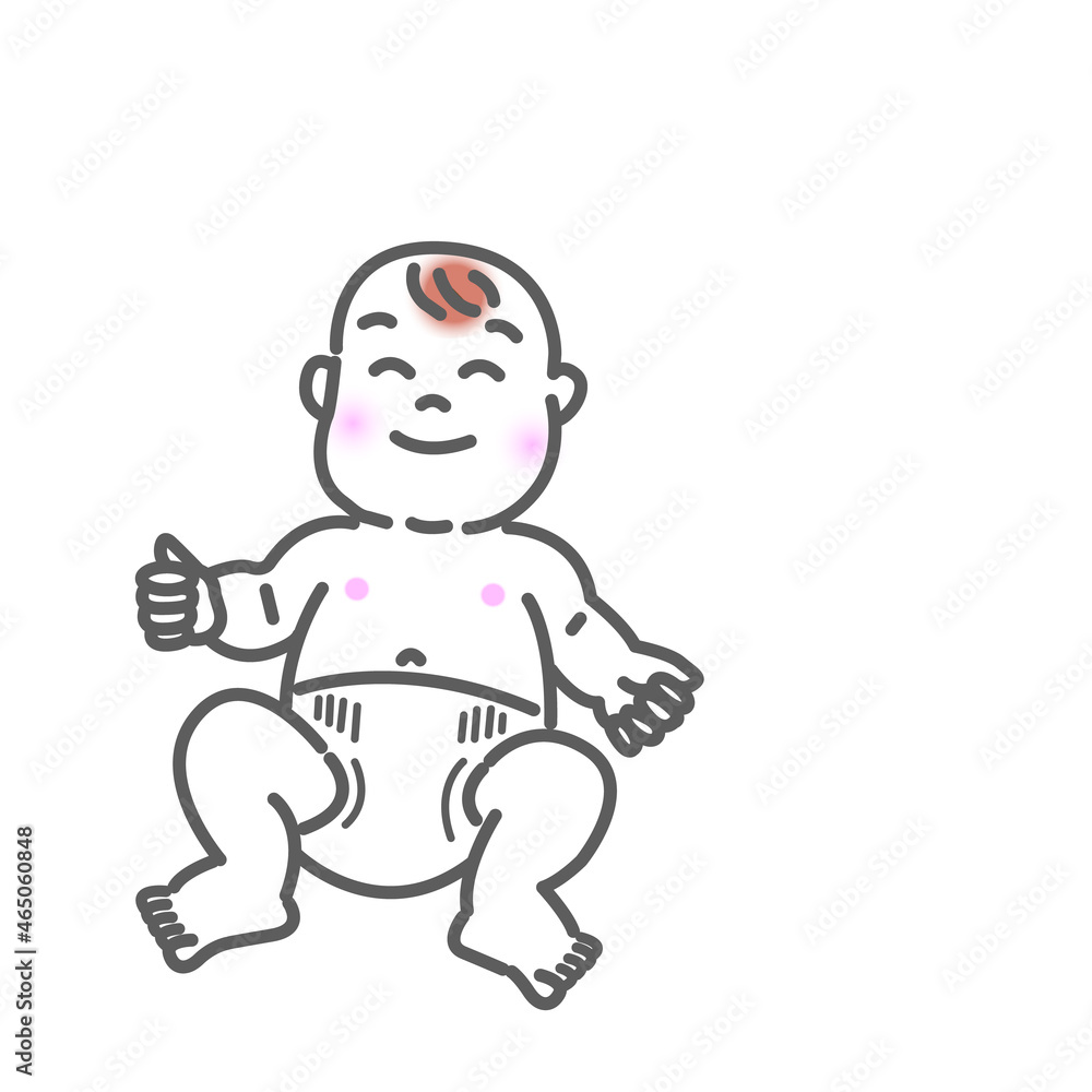 裸のアジア人の可愛い赤ちゃんの笑顔の表情の白バックの線画