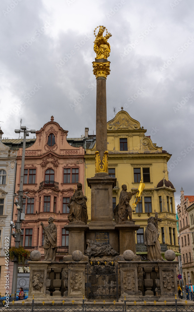 view of the golden fountains of Pilsen and the Cathedral of Saint Bartholomew
