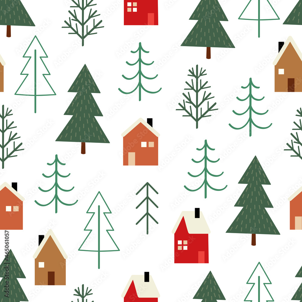 Obraz premium seamless pattern with winter houses and fir trees