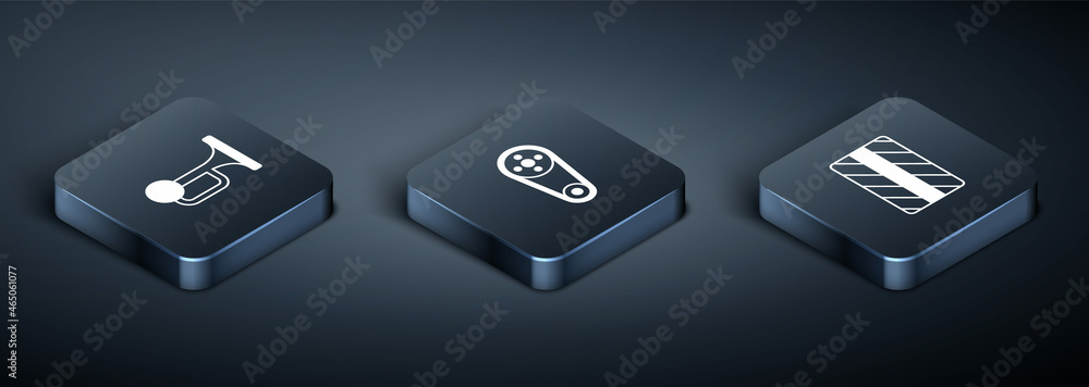 Set Isometric Signal horn on vehicle, Car tire wheel and Timing belt kit icon. Vector Set Isometric Signal horn on vehicle, Car tire wheel and Timing belt kit icon. Vector