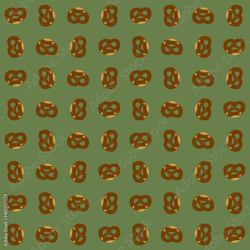 Snack pattern with bretzel or pretzel on a green background. 
Tasty october fest texture. 