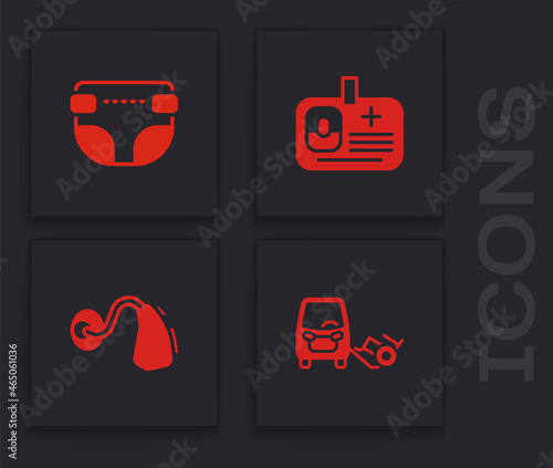 Set Disabled car, Adult diaper, Identification badge and Hearing aid icon. Vector