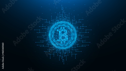 Bitcoin polygonal vector illustration on a blue background. Cryptocurrency low poly design