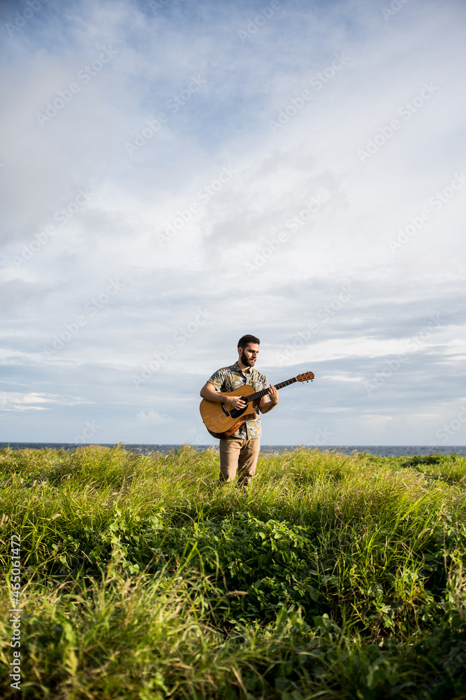 Musician playing guitar on grassy shore against wavy sea Musician playing guitar on grassy shore against wavy sea