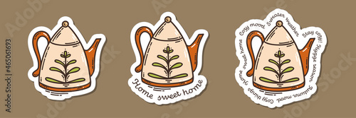 Colorful hand-drawn autumn mood sticker set with a teapot in doodle style isolated on white background. Cute vector collection for seasonal decoration.