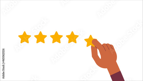 The consumer rates the service. The hand puts the fifth star. Vector fully editable flat isolated illustration on white background.