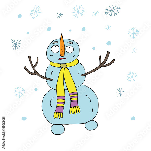 Snowman catches snowflakes. Vector character. Coloring pages for children and adults. Isolated. Cartoon.