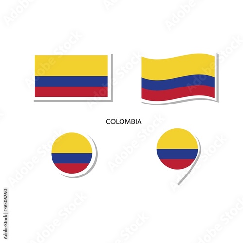 Colombia flag logo icon set, rectangle flat icons, circular shape, marker with flags.