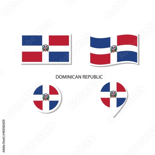 Dominican Republic flag logo icon set, rectangle flat icons, circular shape, marker with flags.