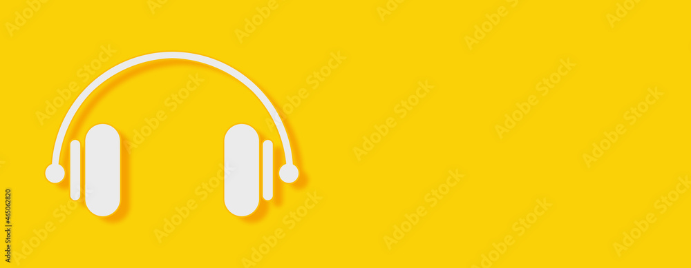 Headphones Concept on yellow background. Horizontal web banner with copy space, template.