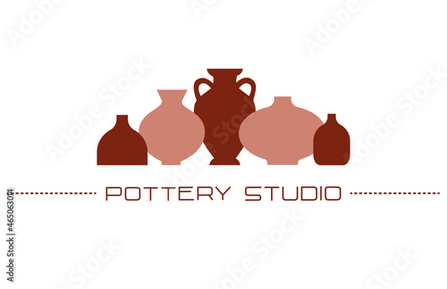 Pottery studio horizontal banner in minimal flat style. Modern antique ceramic pottery for interior design. Vector illustration	