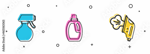 Set Water spray bottle, Bottle for cleaning agent and Electric iron icon. Vector