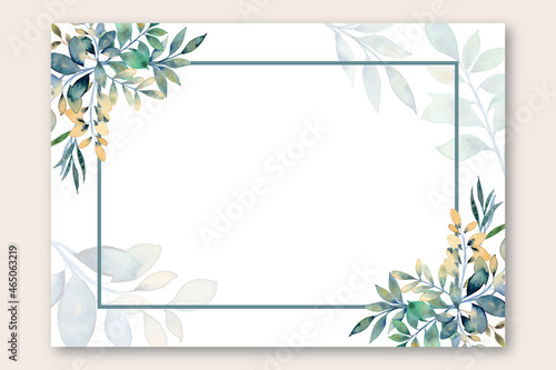 Wedding invitation template with watercolor green yellow leaf frame background