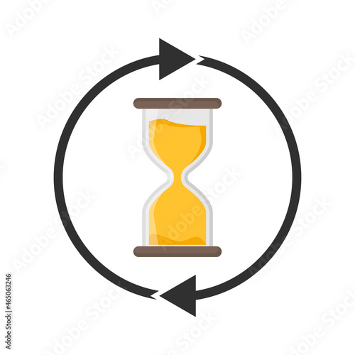 Hourglass sand watch with loop arrow vector illustration or icon isolated on white, deadline, infinite time concept.