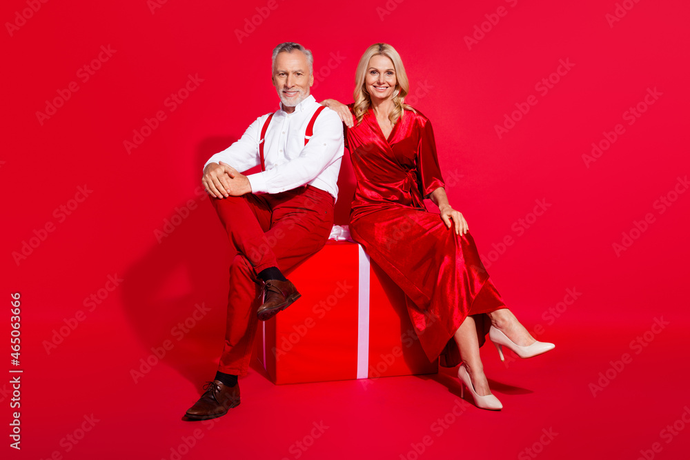 Full size photo of senior grandfather grandmother big present box advent noel x-mas atmosphere isolated over red color background