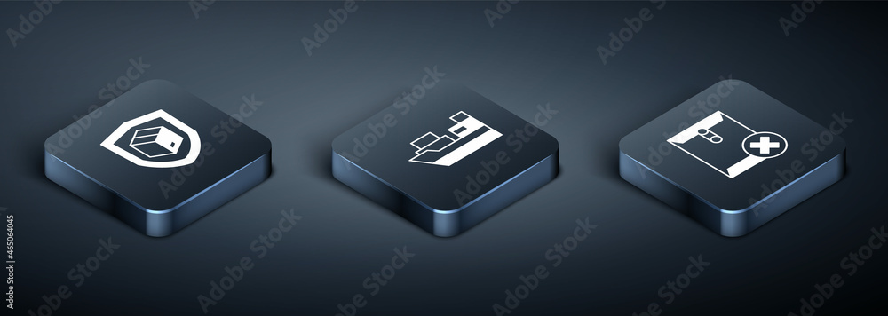 Set Isometric Delivery security with shield, Delete envelope and Cargo ship boxes delivery icon. Vector Set Isometric Delivery security with shield, Delete envelope and Cargo ship boxes delivery icon. Vector