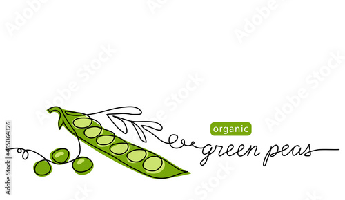 Green peas pod, simple color vector illustration. One continuous line art drawing with lettering organic green peas