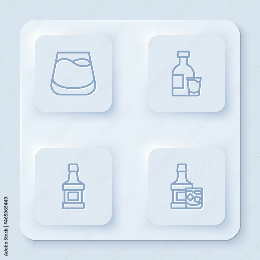 Set line Glass of whiskey, Bottle vodka with glass, Whiskey bottle and and. White square button. Vector Set line Glass of whiskey, Bottle vodka with glass, Whiskey bottle and and. White square button. Vector
