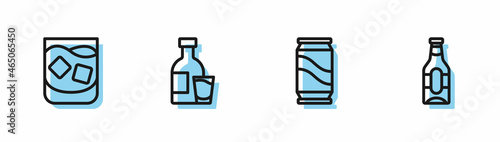 Set line Beer can, Glass of whiskey, Bottle vodka with glass and bottle icon. Vector