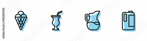 Set line Milk jug or pitcher, Ice cream in waffle cone, Milkshake and plastic bottle icon. Vector
