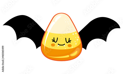 Happy Halloween - funny candy corn illustration with bat wings. Handmade sticker print. Illustration with cute sugar. Good for prints on t-shirt and bag, poster, card. Trick or treat.