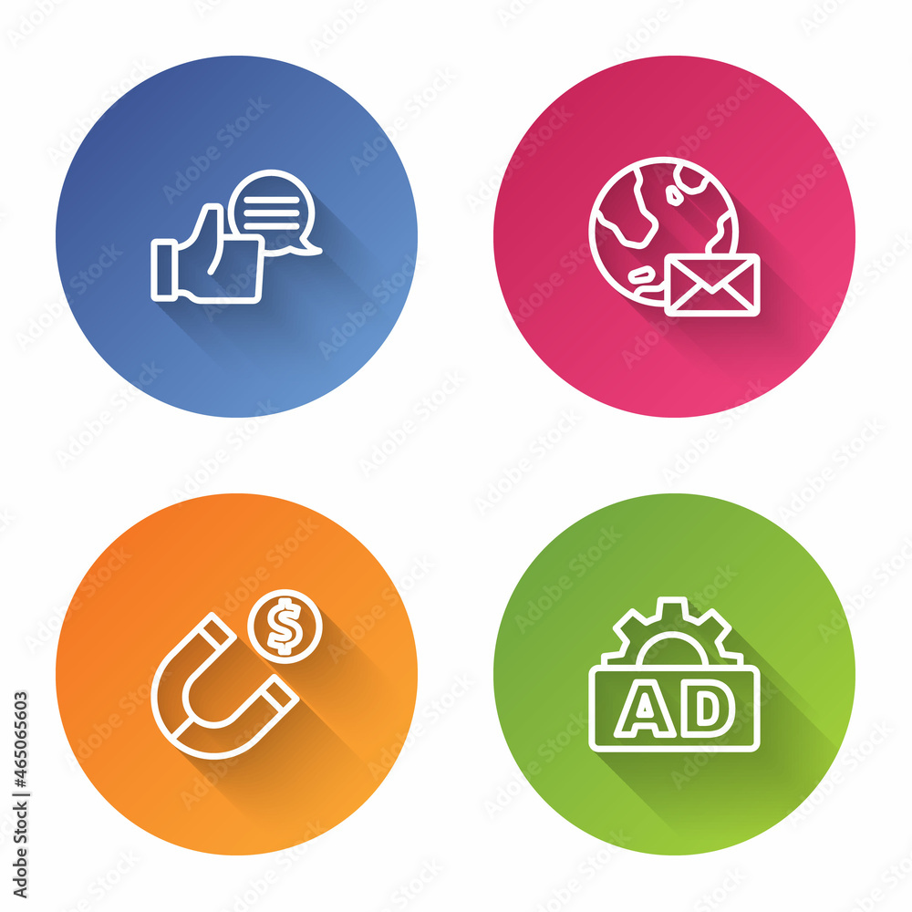 Set line Customer product rating, Earth globe with mail, Magnet money and Advertising. Color circle button. Vector Set line Customer product rating, Earth globe with mail, Magnet money and Advertising. Color circle button. Vector