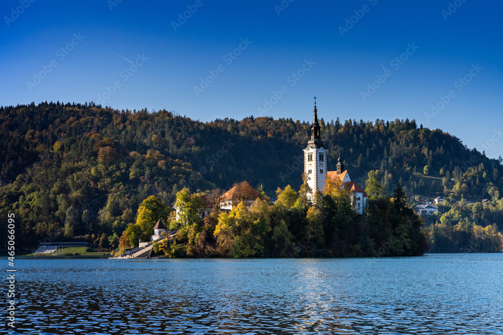 view of the St. Mary's Church and island on Lake Bled in Slovenia in late autumn